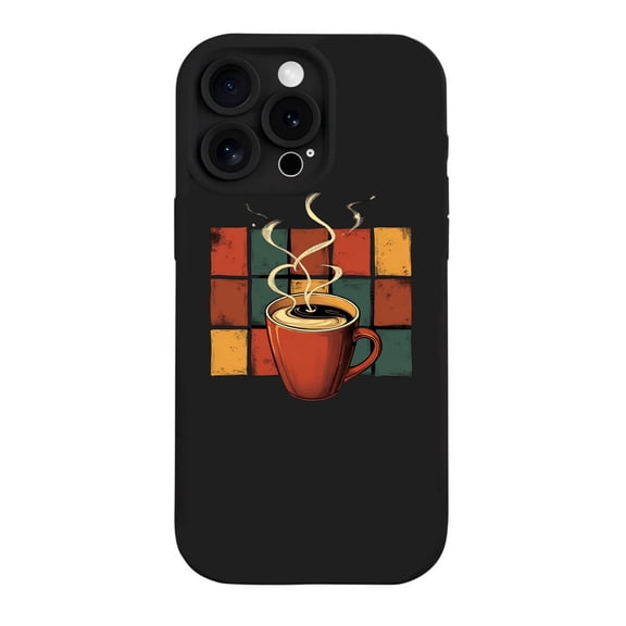 Stylish iPhone 15 Pro Case - Lightweight Yellowing Resistant with Cozy Coffee Cup Design on Colorful Squares Background