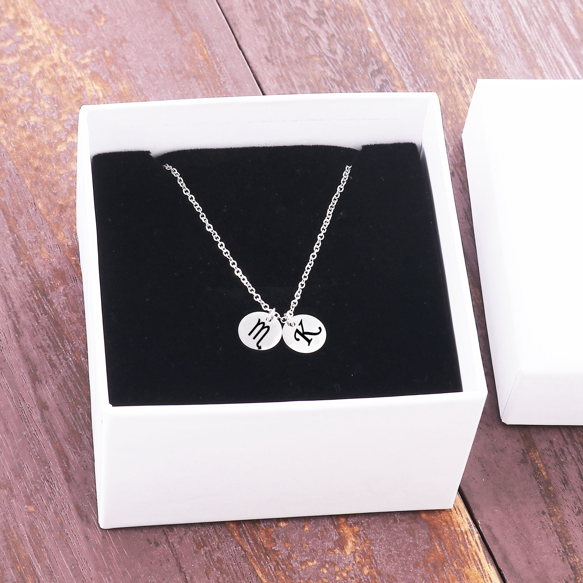 Personalized Round Constellation Initial Necklace - Engraved Zodiac Symbol Jewelry - Christmas Gift for Her - Stainless Steel - 18" Chain - Silver Scorpio