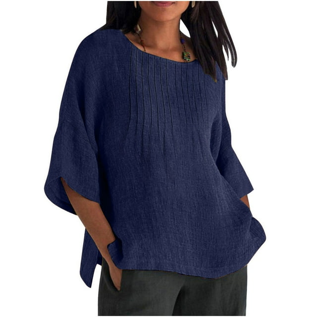 Swstbby Soldes d'Été! Hauts d'Été pour Femmes Grande Taille, Chemise Plissée Mode d'Été pour Femmes Manches 3/4 Col Rond Imitation Coton et Lin Chemise Ample Blouse Marine m