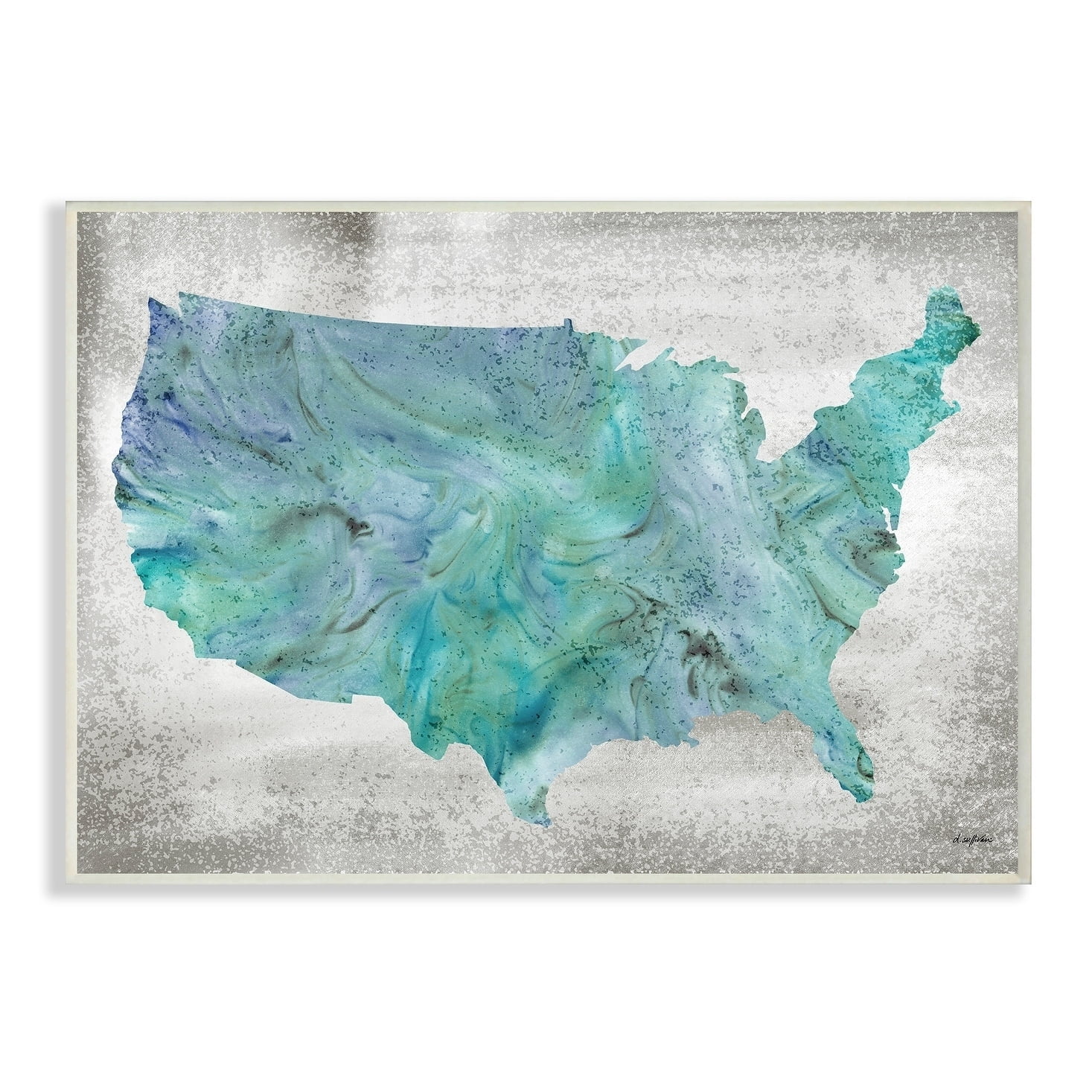 The Stupell Home Decor Inky Blue and Cyan Marbled US Map Silhouette Wall Plaque Art
