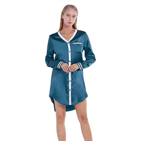 

Silky Satin Nightgowns for Women Long Sleeve Sexy Short Nightshirts Sleepwear Casual Pajama Nightdress with Pocket Lake Blue S-2XL