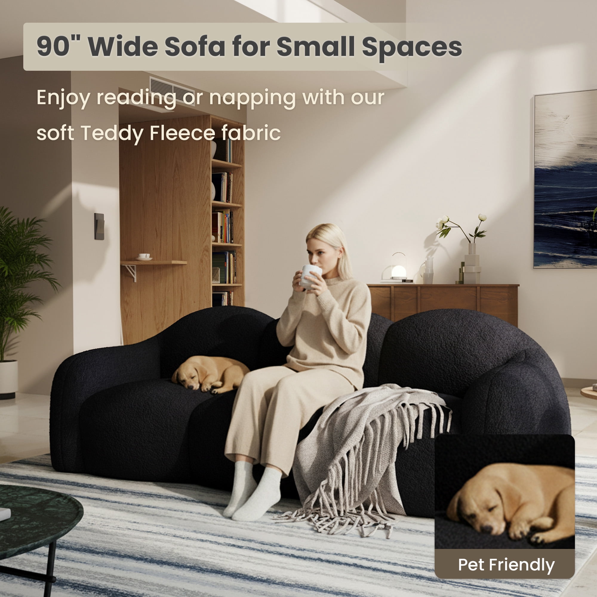 The Magic Home 90" Modern Cloud Couch for Living Room, Boucle LoveSeat 3 Seater Sofa, Plush Floor Sofa Couch for Bedroom, Apartment, Small Space (Black Couch, No Assembly Required)