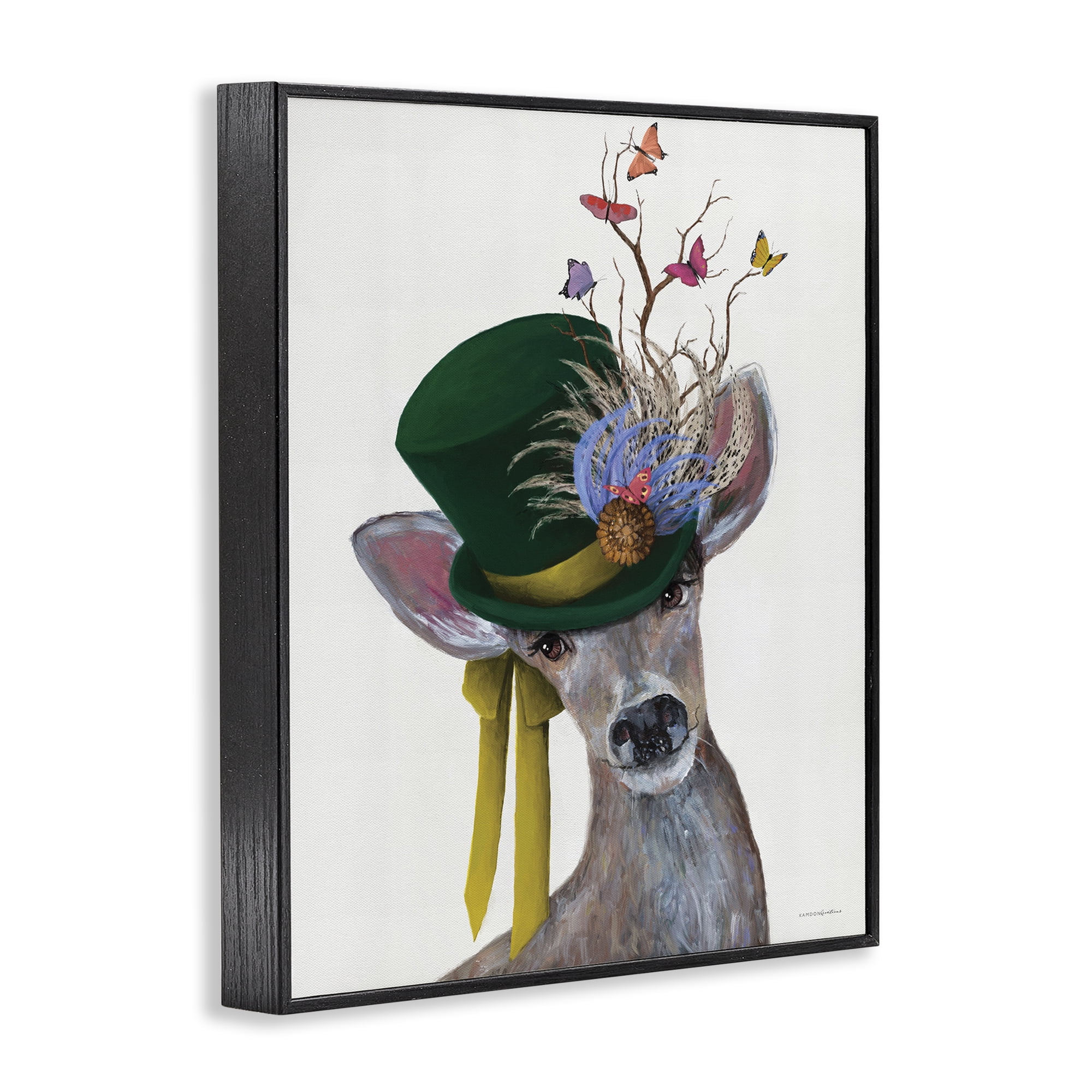 Stupell Industries Deer with Butterfly Hat Animals & Insects Painting Black Framed Art Print Wall Art, 11 x 14