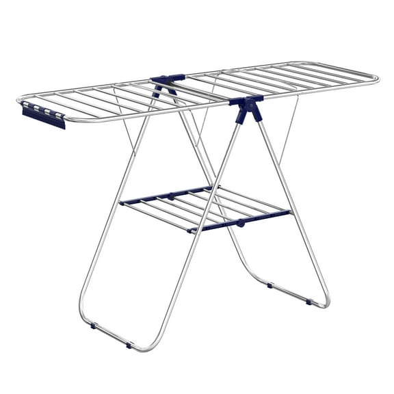 SONGMICS Tendedero de Ropa, con Pinzas para Calcetines, Perchero Metálico para Ropa Sucia, Plegable, Alas Ajustables, Plata y Azul