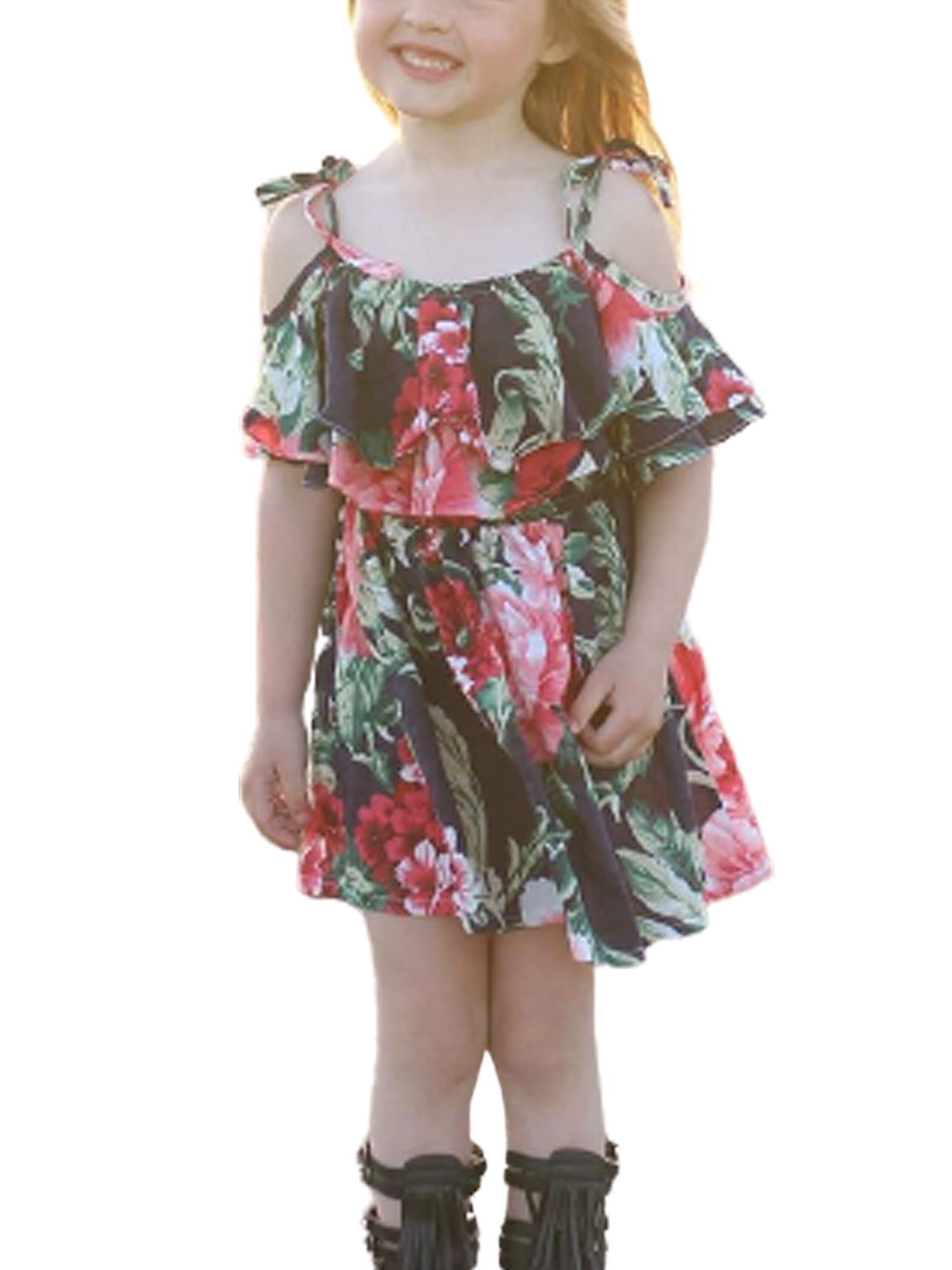 Nituyy Baby Girls Dress Floral Short Sleeve Halter Ruffle Aline Dress