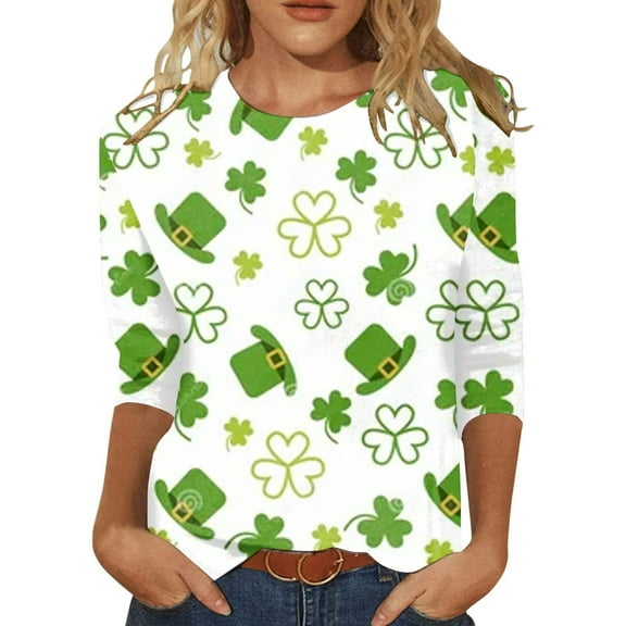 St. Patrick's Day Shirts for Women 3/4 Sleeve Lucky Clover Shamrock Graphic Tee Tops Casual Holiday Blouses Tunics