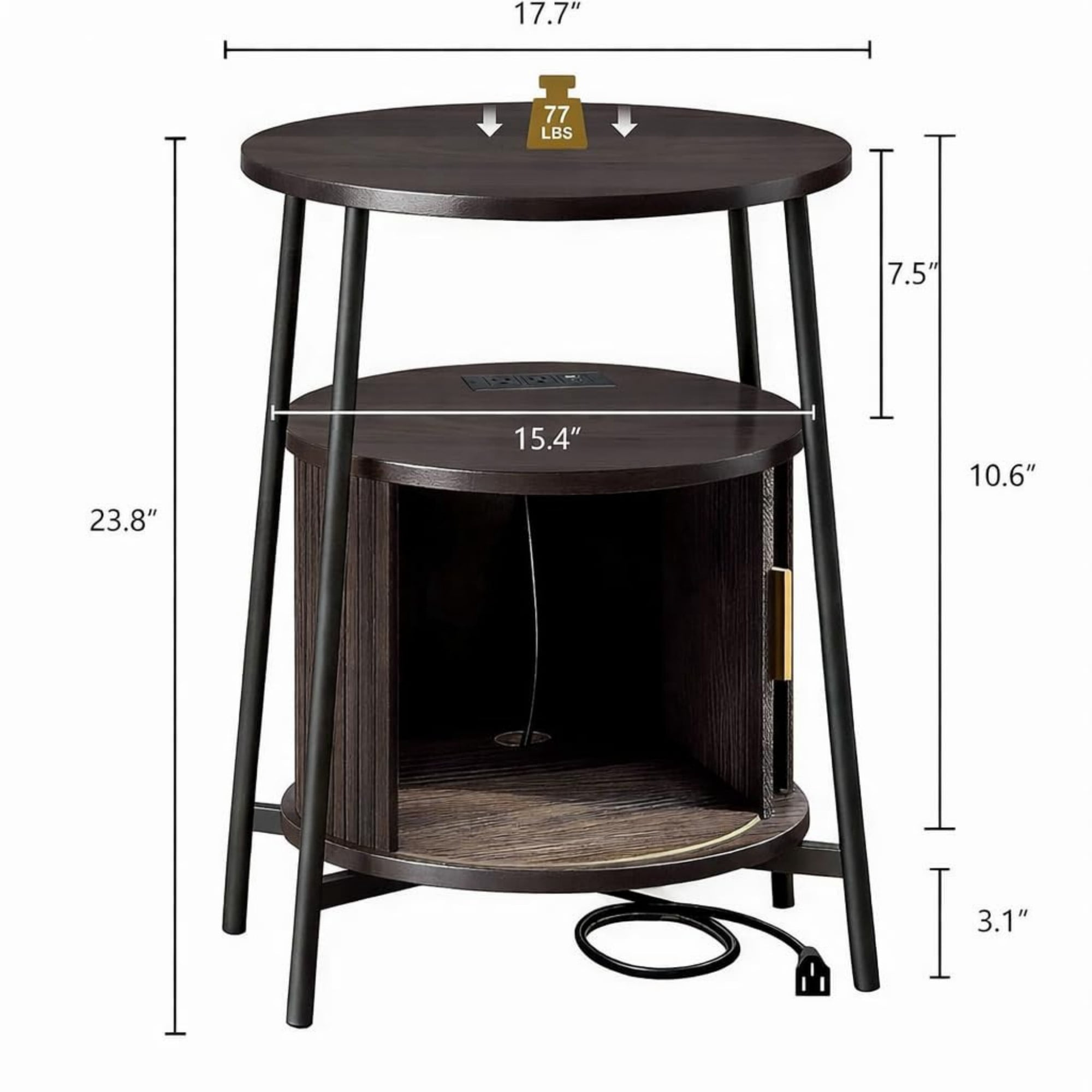 Round End Table with Charging Station, Fluted Side Table with Sliding Door, Mid Century Modern Nightstand for Bedroom & Living Room, Coffee