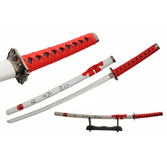 SZCO 37" Rising Sun Samurai Katana Sword with Stand Full Tang Stainless Steel Japanese Sword with Red Cord Wrapped Wood Handle & White Scabbard