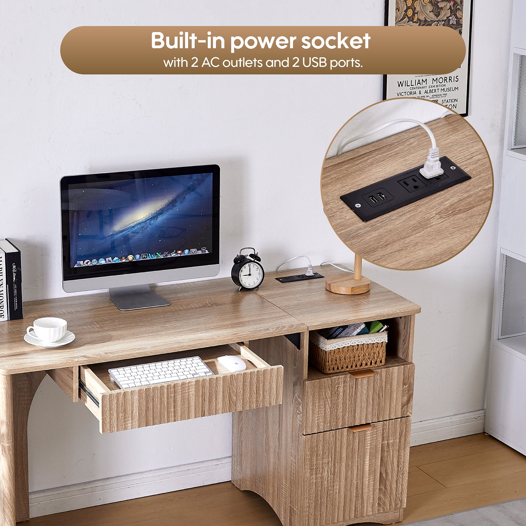 Haooyeah 55 Inch Natural Computer Desk with Charging Station, Adjustable File Cabinet, Open Storage, Vertical Fluted 2-in-1 Keyboard Tray Drawer