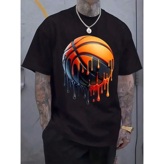 Dripping Basketball Graphic T‑Shirt, Melting Ball Sport Short‑Sleeve Crew Neck Casual Unisex Tee Summer Top