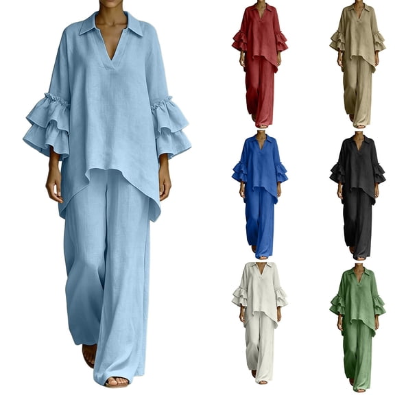 Aimik Womens 2 Piece Outfits V Neck Flutter Sleeve Blouson Top and Wide Leg Pants Set Summer Vacation Casual Outfits