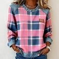 thumbnail image 5 of Plaid Sweatshirts Womens Long Sleeve Jean Denim Patchwork Trendy Tops Crew Neck Blouses Loose Pullover Shirts (XL, Pink), 5 of 6