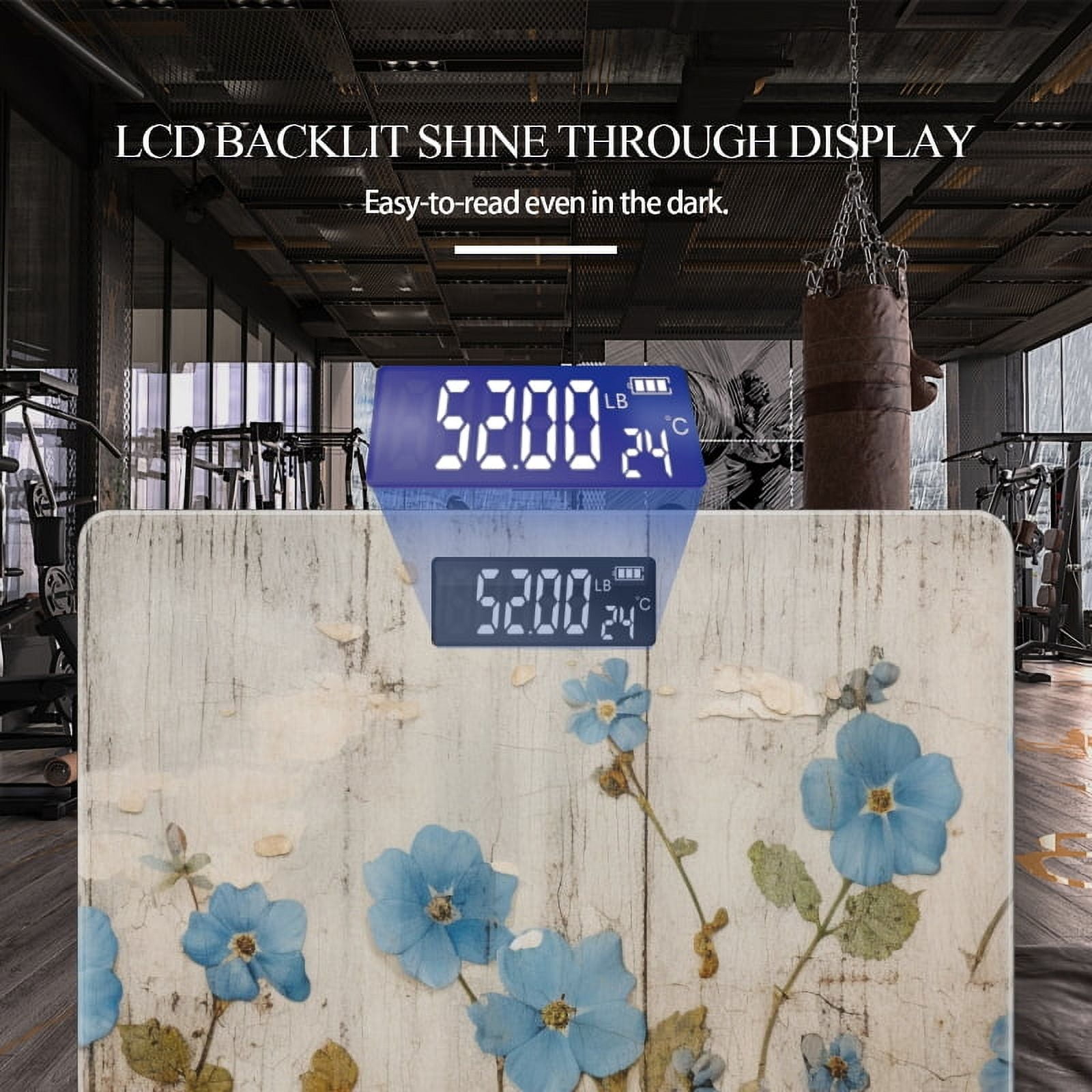 Bathroom Scale, Highly Accurate Digital Body Scale,Precisely Measures Weight up to 400 lbs-Weathered Wooden Wall With Pressed Blue Flowers