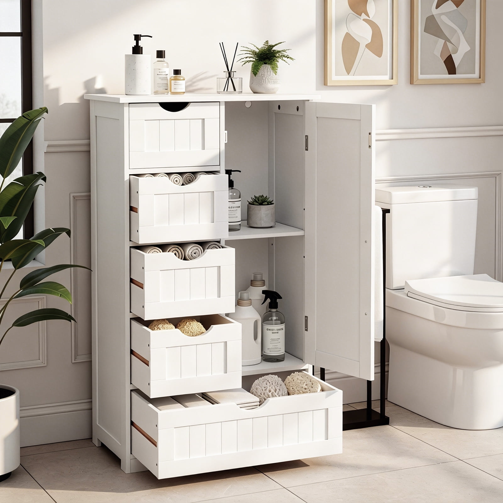 Ktaxon Wooden Bathroom Floor Cabinet, Side Storage Organizer with 5 Drawers, 1 Cupboard & 2-Shelves, White