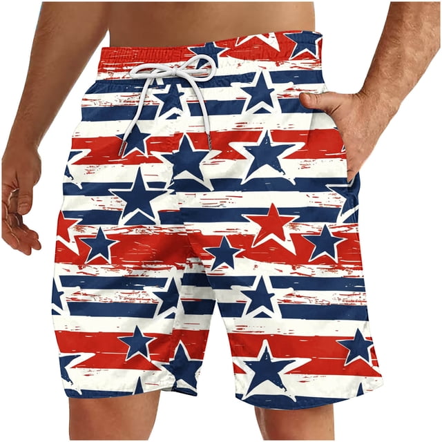 wmjolc Summer Swim Trunks for Mens Independence Day Printed Shorts Star Pattern Patriotic Shorts Loose Fit Beach Shorts Drawstring Board Shorts