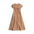 thumbnail image 4 of Women's Cotton Linen Midi Dress Summer Short Sleeve V‑Neck Asymmetrical Button Casual Dress with Side Pockets Khaki M(M), 4 of 6