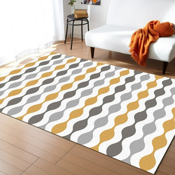 Area Rugs Indoor Non-Slip Rectangle Rug 4x6 Ft Yellow Gray Medieval Print Waves Geometric Rug Rubber Backing Floor Mats Non Shedding Home Decor Carpet for Entryway Living Room