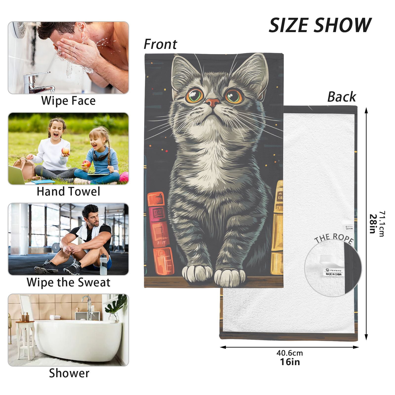 Cat Books Hand Towels Cotton Bath Towels Large Face Towels Absorbent for Bathroom 2 Packs