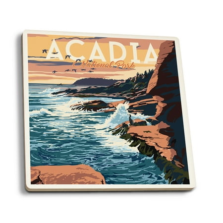 

Acadia National Park Maine Mount Desert Island Illustration (Absorbent Ceramic Coasters Set of 4 Matching Images Cork Back Kitchen Table Decor)