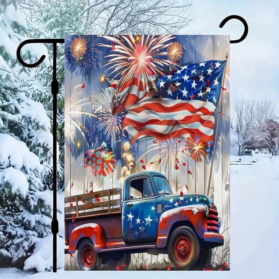 RKSupls Patriotic Linen Double Sided Garden Flag, Independence Day Themed Yard Decor, Red Truck with Fireworks on Flag Wall Outdoor Banner for Holiday Lawn