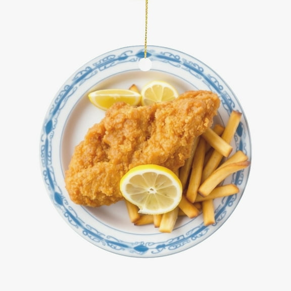Golden Battered Fish and Chips, French Fries, Comfort Christmas Ornament, Food Foodie Novelty Xmas Tree Gift Accessory Funny Ornaments (Flat Design Printed on Ceramic, NOT 3D)
