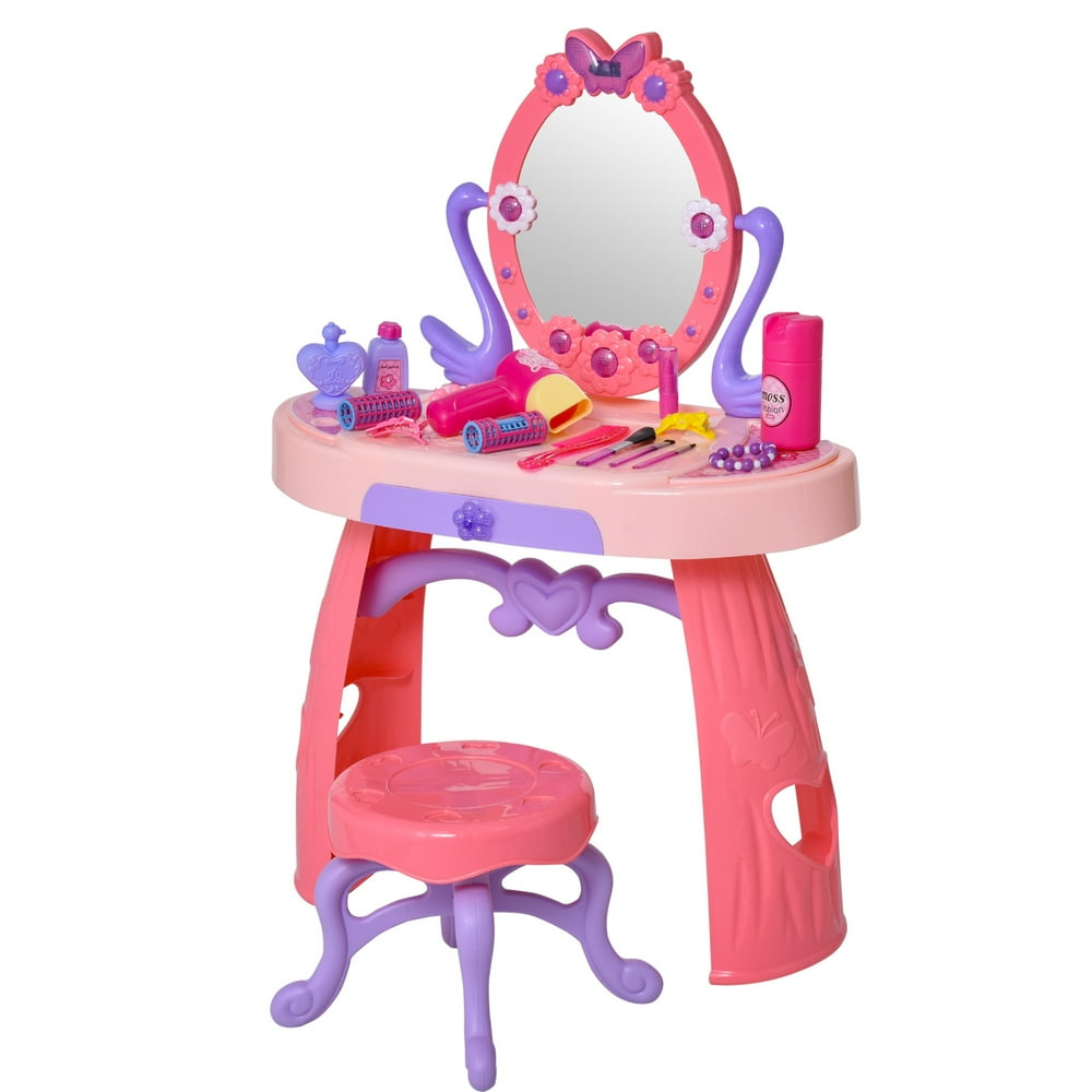 Qaba Kids Vanity Table and Stool Beauty Pretend Play Set with Mirror