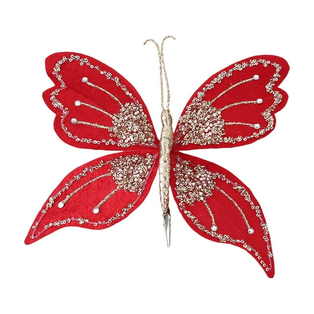 Leodye 1PCS Sequin Clip Artificial Butterflies - Christmas Tree Scene Layout Decor, Flower Matching Props -10.63*7.87 in