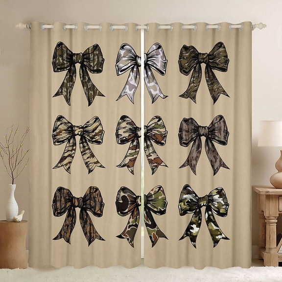Homewish Cartoon Bow Knot Black Out Curtains,Vintage Camo Pattern Curtains Pack of 2 (42x63 Each),Green Brown Bedroom Curtains For Boys Girls,Breathable Home Decor