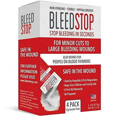 BleedStopâ„¢ First Aid Powder for Blood Clotting, Trauma Kit, Blood Thinner Patients, Camping Safety, and Survival Equipment for Moderate to Severe Bleeding Wounds or Nosebleeds - 4 (15g) Pouches