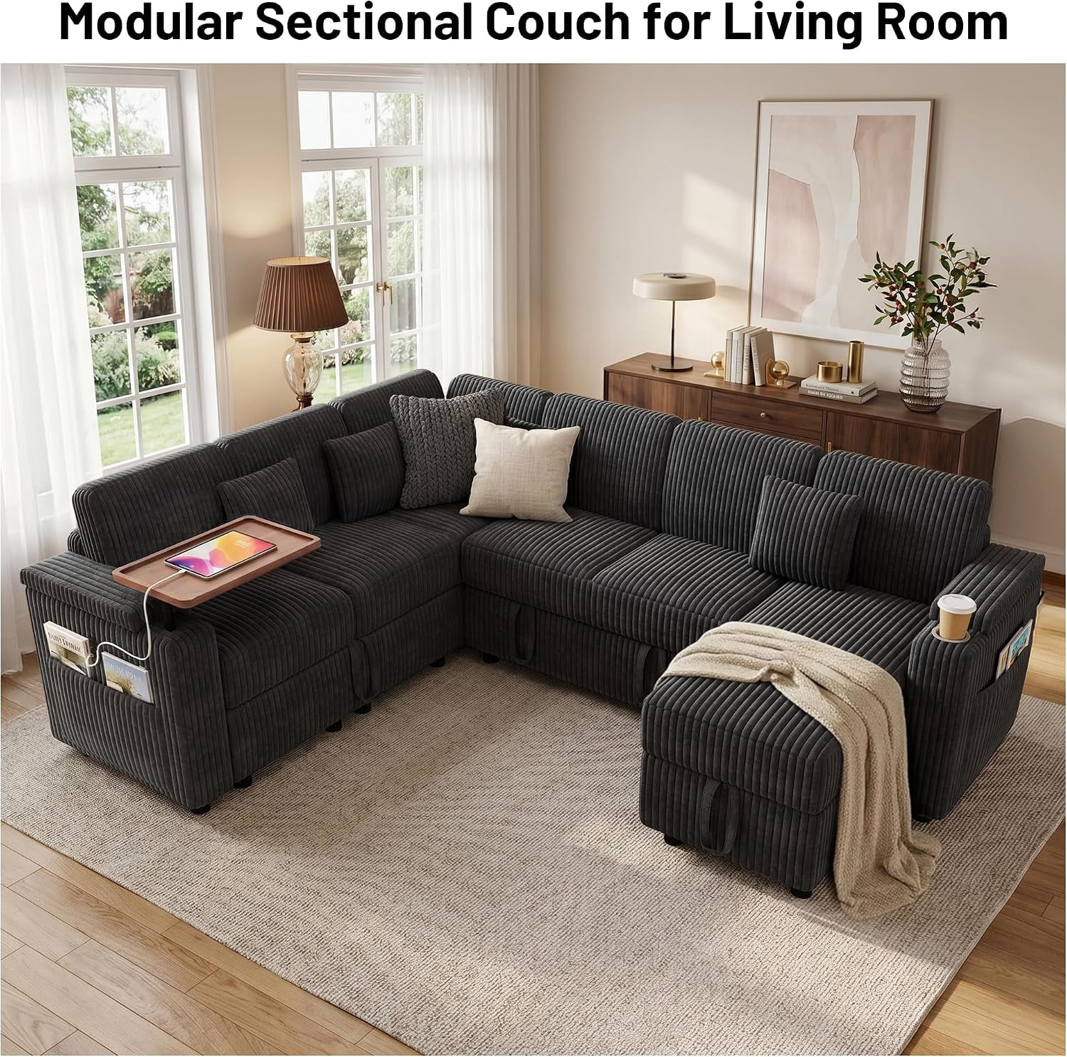 100 Inch U Shaped Pull Out Sofa Bed, Soft Corduroy Sleeper Sofa with USB Ports, Cup Holder, Table Board and Storage