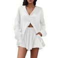 thumbnail image 1 of Conjunto de camisa de manga larga lisa y pantalones cortos para mujer: ropa informal de playa, cintura elástica, tallas S-XXL, contorno de pecho 130-146 cm, 1 of 5