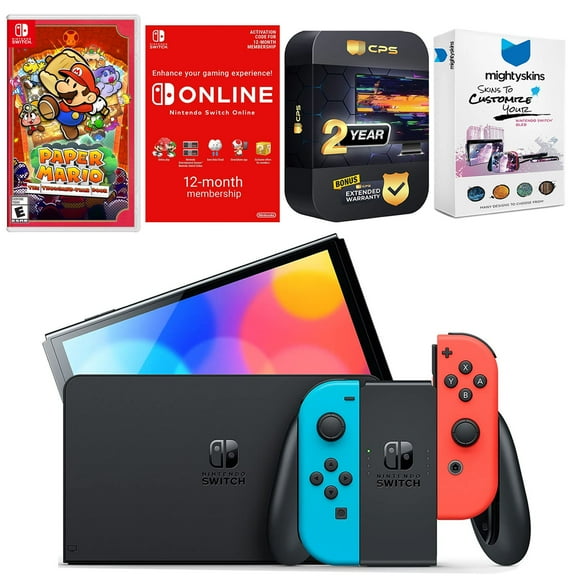 Nintendo Switch Neon Red & Blue OLED Console with Paper Mario: the Thousand Year Door, NSO 12 Month Family Membership, MightySkins Console and Controller Skin Voucher and 2 Year CPS Extended Warranty