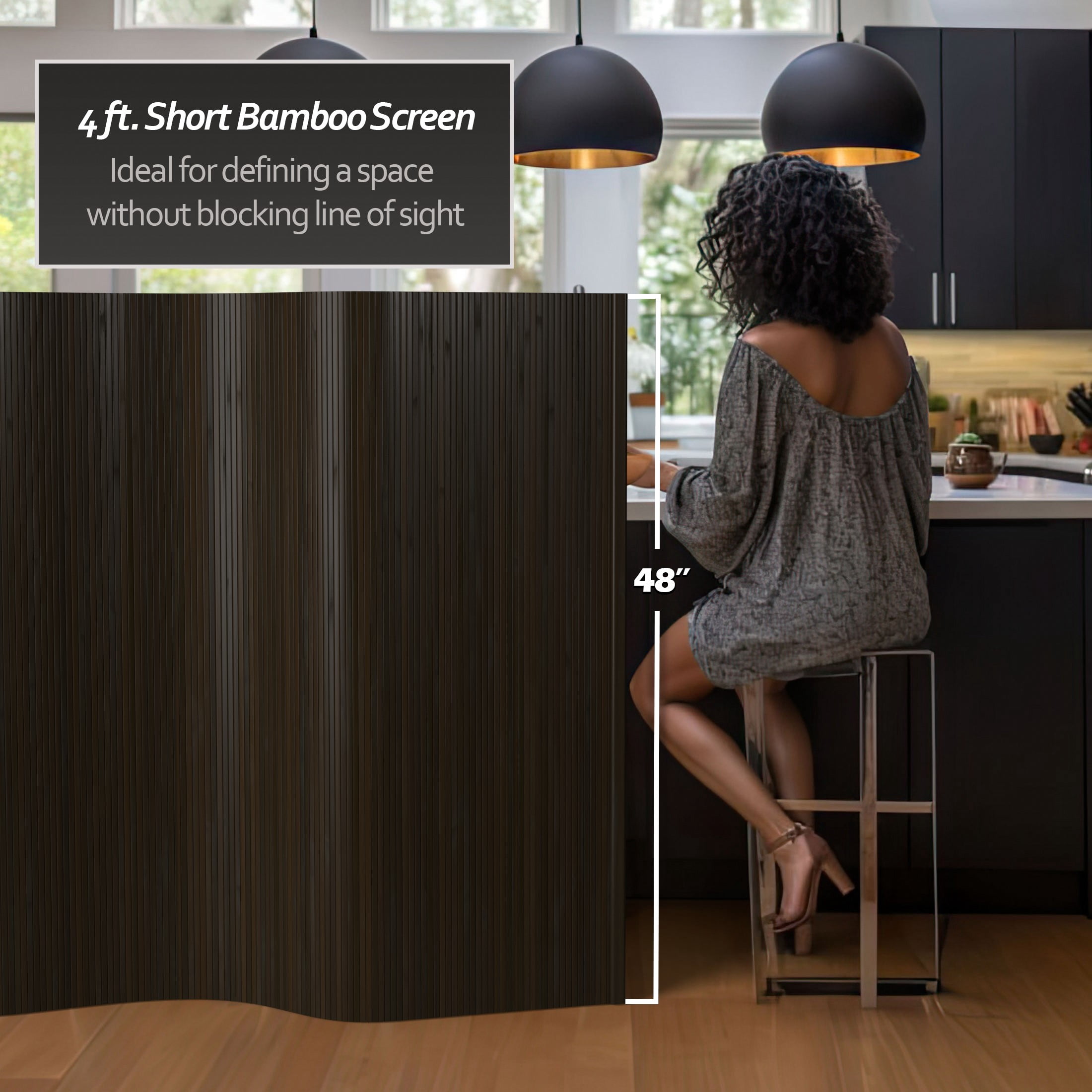 4 ft. Short Bamboo Wave Screen Room Divider in Dark Mocha with Rollup Design