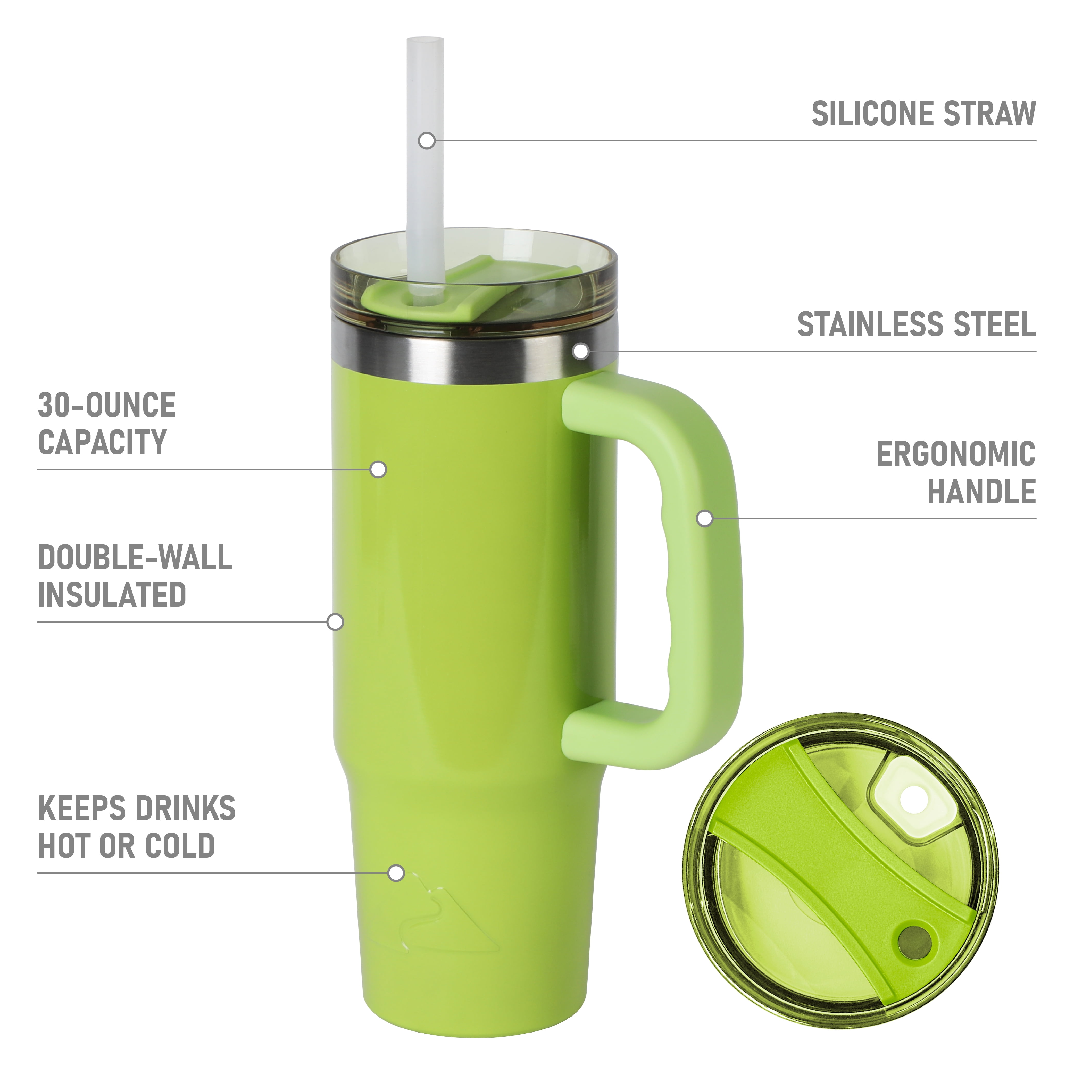 Ozark Trail 30 oz Stainless Steel Insulated Tumbler with Handle, Sonic Lime Green