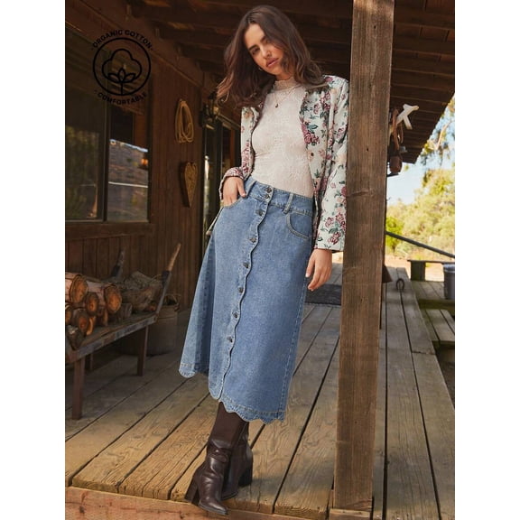 Womens Light Wash High Waist Scalloped Button-Front Denim A-Line Midi Skirt