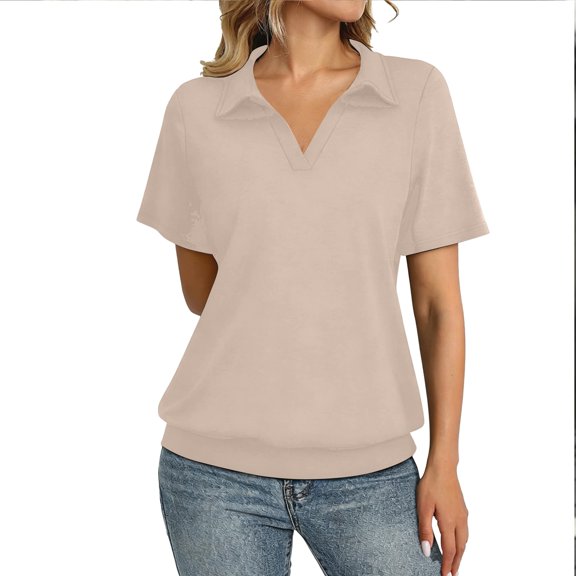 Tfken Women Tshirts Summer Short Sleeve V-Neck Tops Tees Loose Casual T-Shirts Ladies Classic Clothes Outdoor Size L Beige