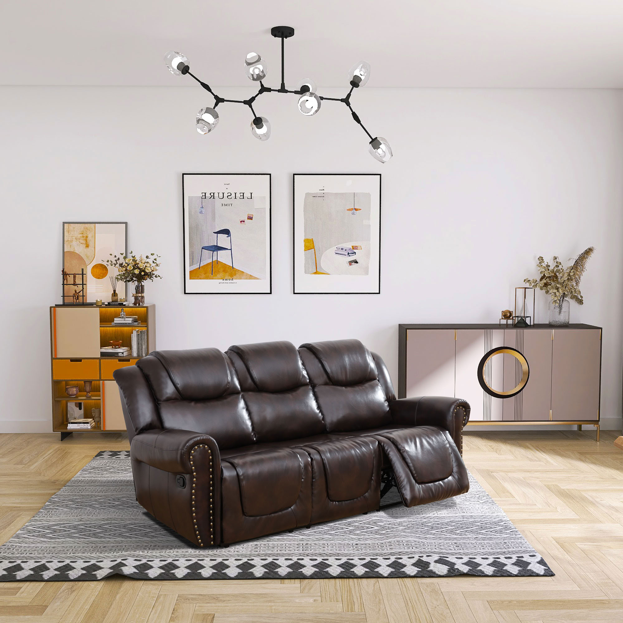 MAYEERTY 3-Seater Recliner Sofa, Recliner with Breathable Semi PU Leather for Family Living Rooms