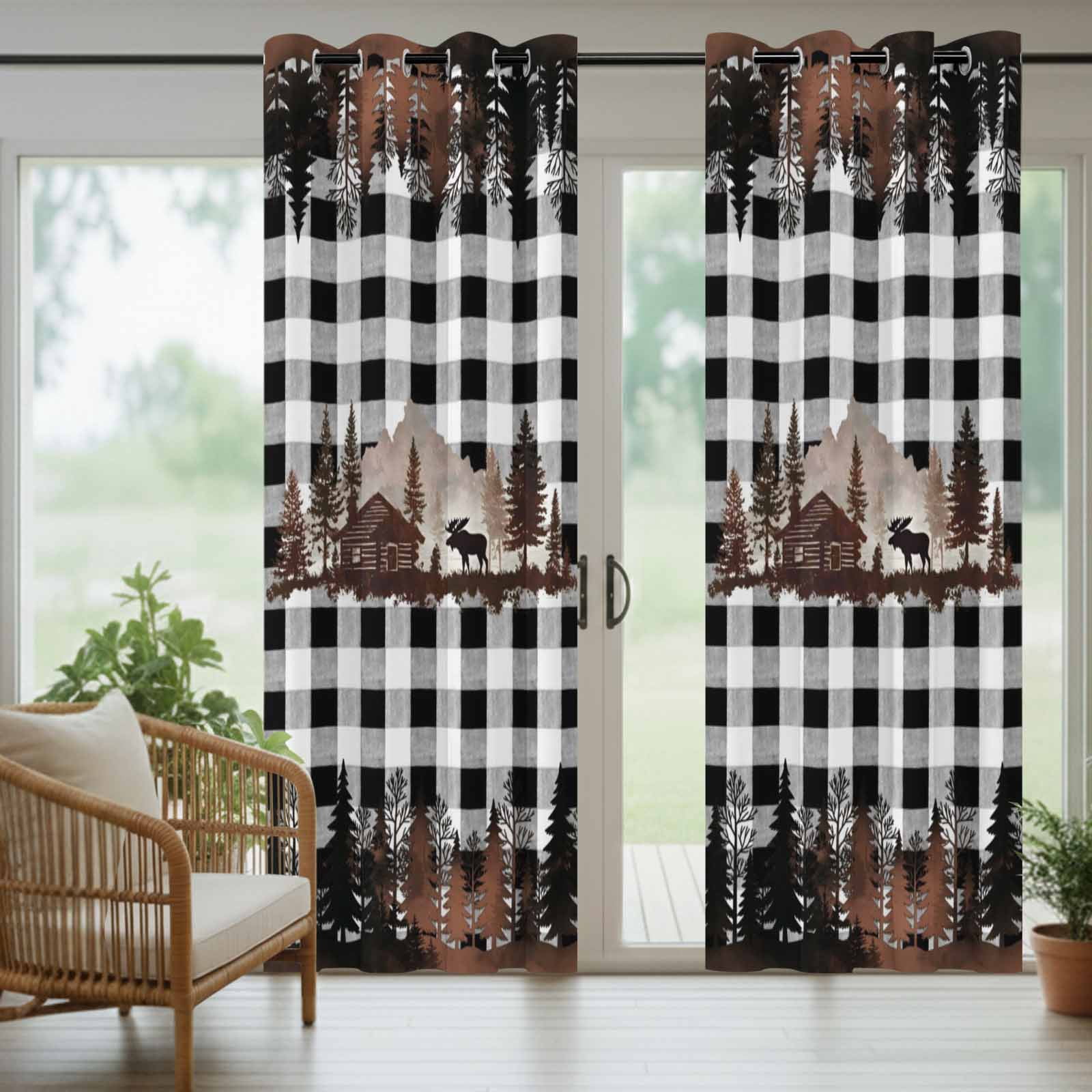 Forest Farmhouse Outdoor Curtains for Patio, Country Mountain Moose Silhouette Pine Tree Black White Plaid Sunshade Privacy Drapes Grommet Waterproof Outside Curtains for Porch 54"x108", 1 Panel