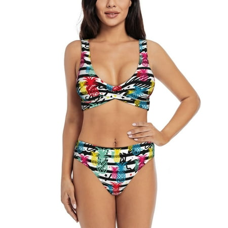 Zeuib Trendy Colorful Pineapples 1 High Waisted Tummy Control Bikini Set - Knot Front Push Up Top & Cheeky Thong Bottom  Two-Piece Swimsuit for Women-XX-Large