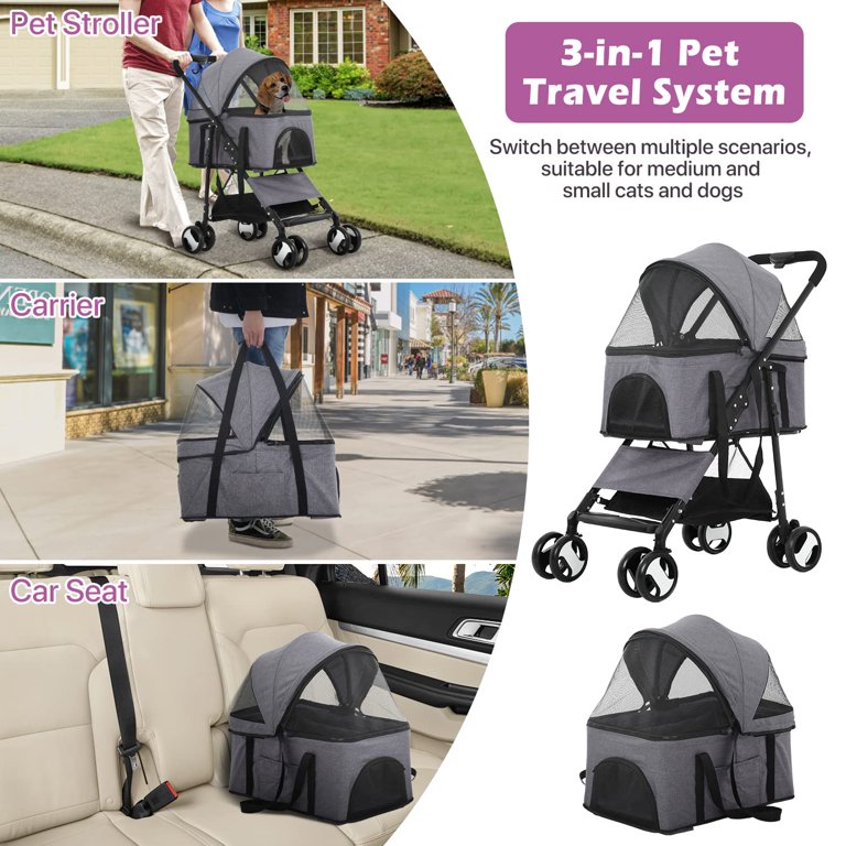 4 Wheels Doggie Cage, Cat Carts, Dog Carriage Pet Stroller, Jogger Foldable  Travel Carrier Durable, Puppy Trolley for Small-Medium Dogs, Cats