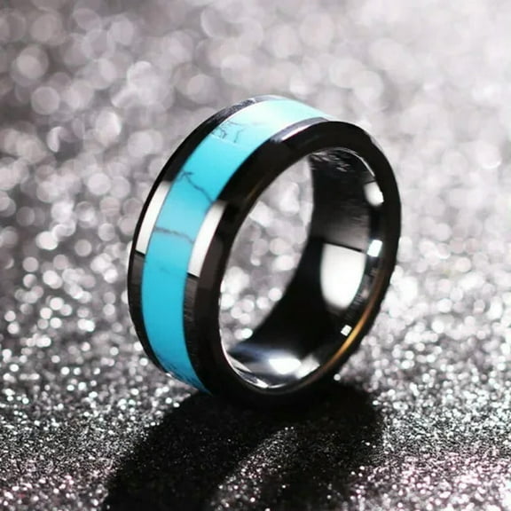 8MM Natural Turquoise Titanium Steel Silver Band Men's Engagement Ring Size 8-12