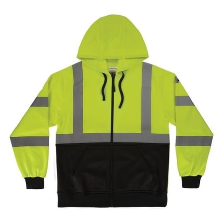 Ergodyne EGO22933 Unisex Type R & Class 3 Essential Hi-Vis 8312BK Hooded Zip-Up Sweatshirt with Black Bottom, Lime - Medium