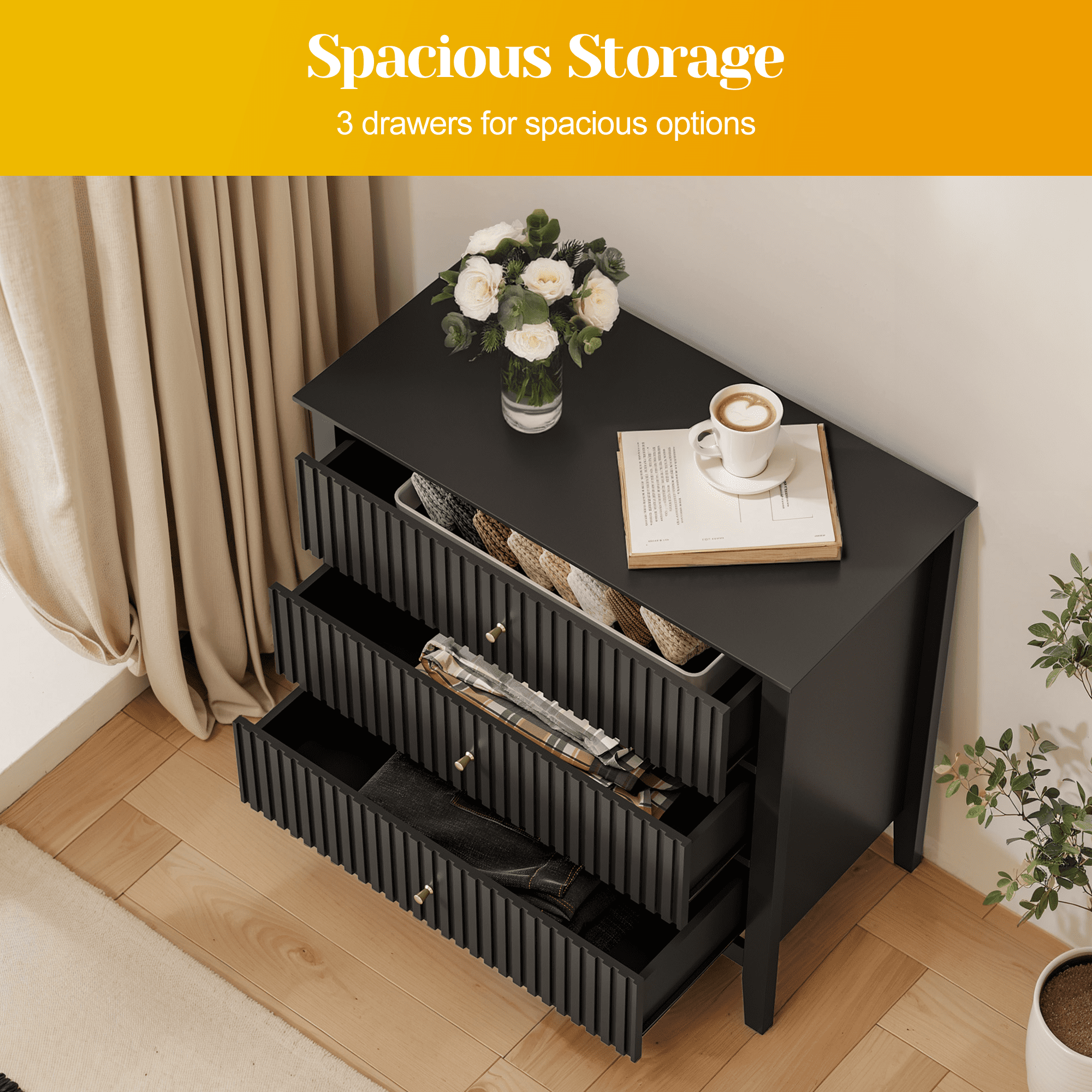 Cozy Home Black 3 Drawer Dresser Set of 2, Painted Tall Wood Nightstand with Storage, for Bedroom Hallway Living Room Entryway Office