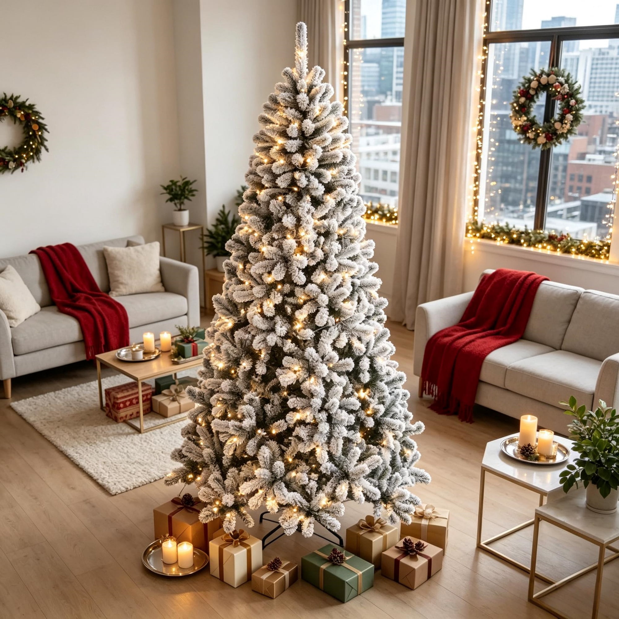 6 ft Pre-Lit Flocked Artificial Christmas Tree with Warm White LEDs, 706 Tips, PVC and Steel, Indoor Holiday Decor