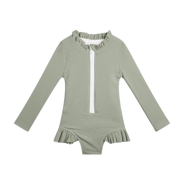 Trajes de baño para mujer, Trajes de baño para mujer, Traje de baño de una pieza de poliéster de manga larga con media cremallera, color liso, para niñas, a la moda