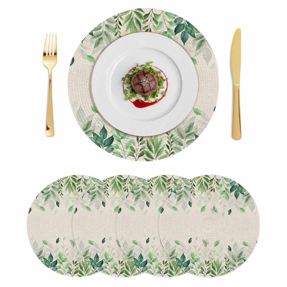 Round Placemats Green Leaves 15 inch Set of 4 Table Mats for Dining Table Pastoral Leaf Plant Linen Heat Resistant Non-Slip Kitchen & Home Decorative Place Mat Set