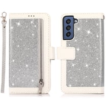 Galaxy S21 FE Case Wallet with Card Holder, Dteck Bling Glitter Leather Magnetic Stand Flip Case Zipper Purse Handbag Clutch with 9 Card Slots & Strap for Samsung Galaxy S21 FE 5G, Silver