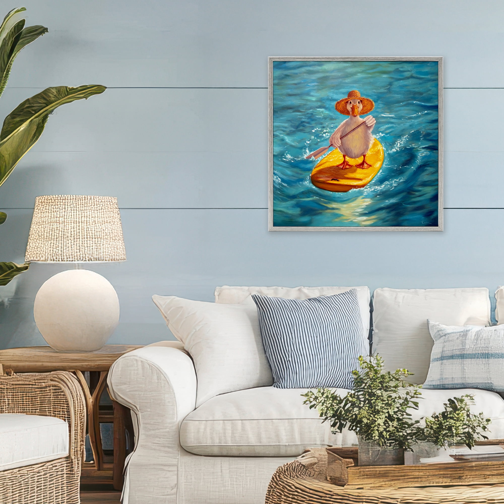 Stupell Industries The Paddler Duck with Straw Hat Gray Framed Giclee Art, design by Lucia Heffernan