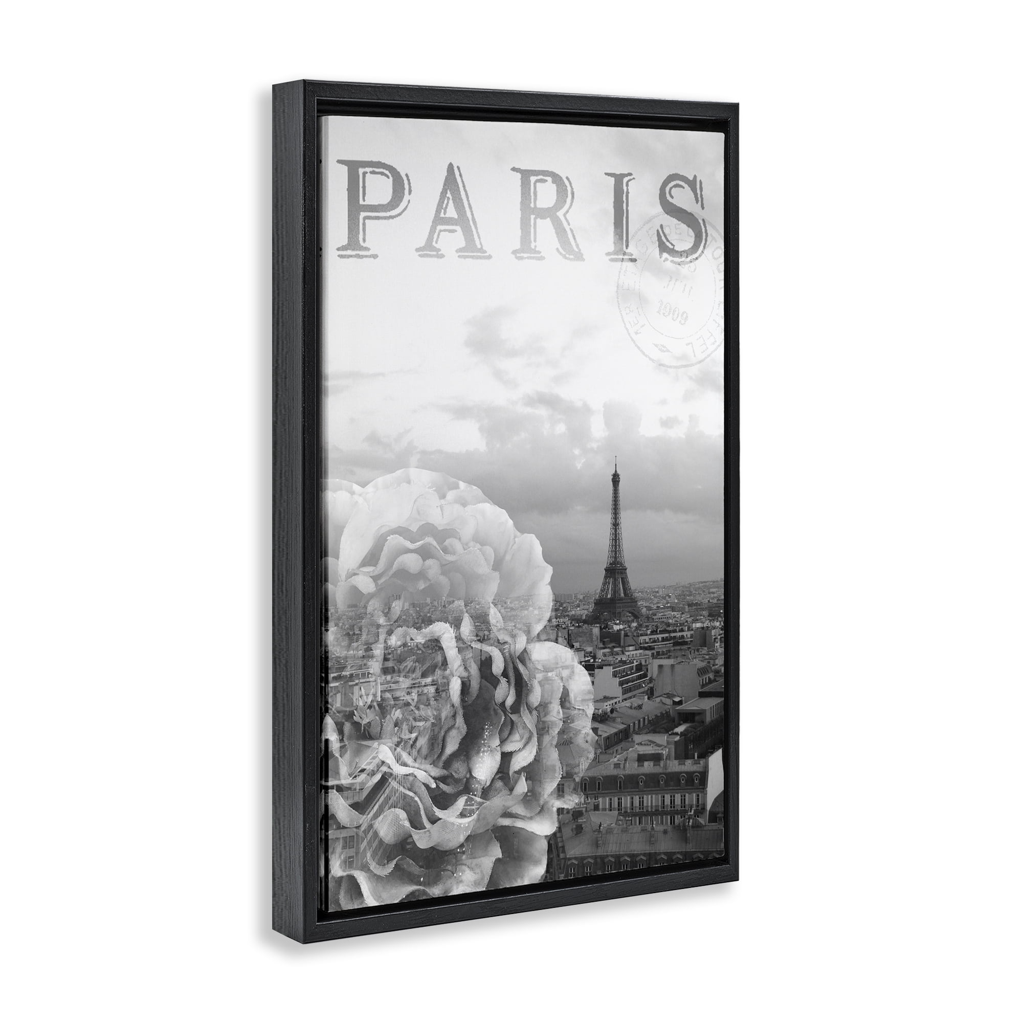 Stupell Industries Paris Postcard in Monochrome Black Framed Floater Canvas Wall Art, design by Emily Navas