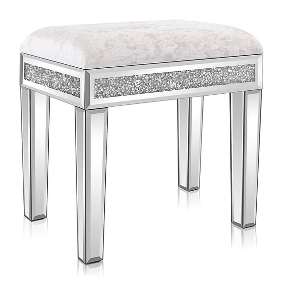 Elegant Vanity Stool with Mirror and Storage, Velvet Upholstered Ottoman Bench for Makeup Table, Sparkling Diamond Embellishments, Silver